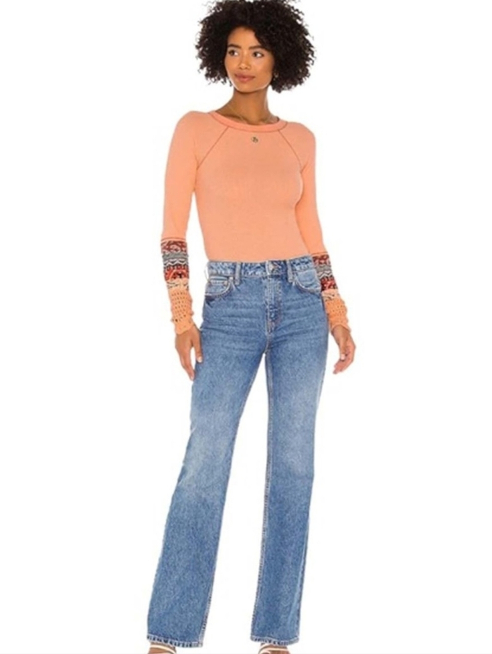 Free people In The Mix Cuff Crochet Knit Top Thermal Desert Orange Bohemian Sz M - Picture 14 of 15